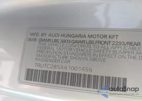 2006 Audi Tt 1.8L из США, поврежденный, VIN TRUTC28NX61001455